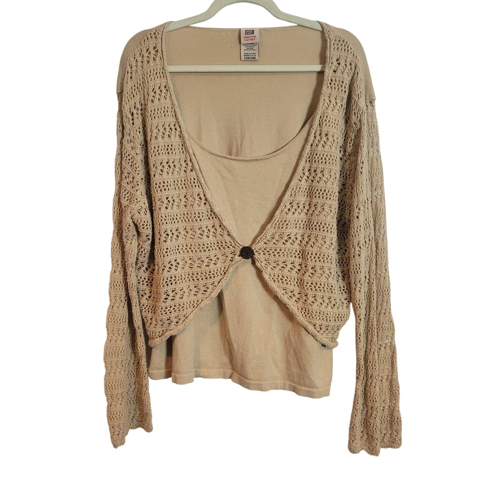 Faded Glory Tan Crochet Cardigan‎ Tank Sweater Womens Plus 26W/28W Ramie Cotton